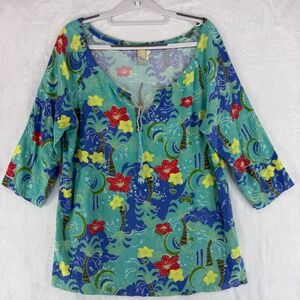 Sun‎ Moda Womens Large Tropical Palm Tree Hibiscus Tunic Top Blue Made in USA